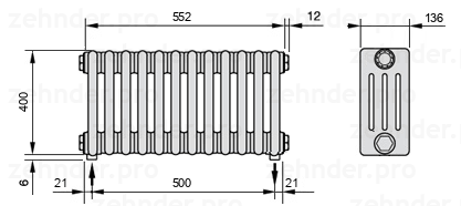 Схема (чертеж) Радиатор Zehnder Charleston 4040/12 №5310 Белый глянцевый RAL 9016